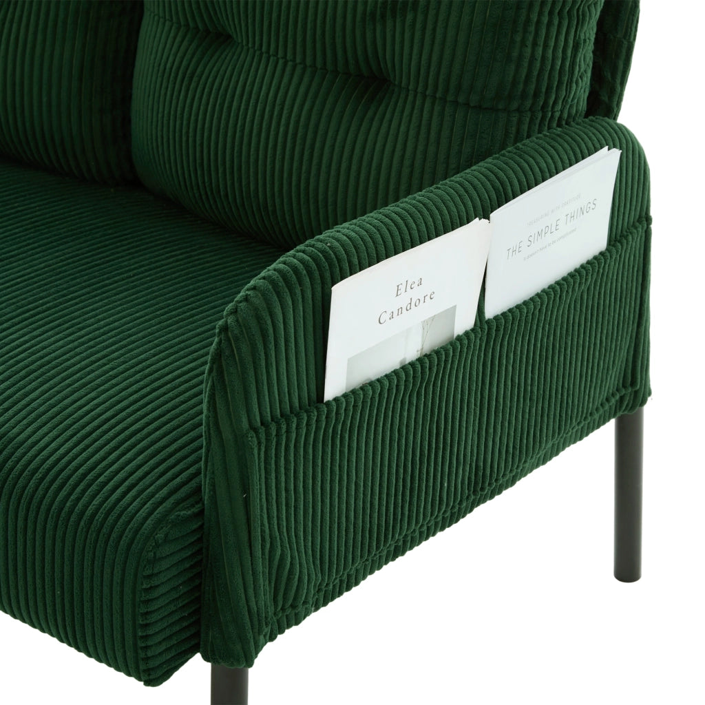 Divano a 3 posti in corduroy color Emerald con schienale ergonomico, tasca laterale e struttura stabile