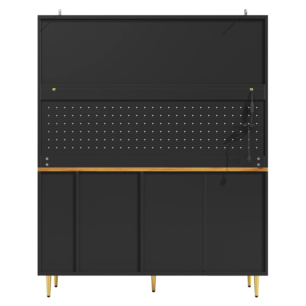 Credenza Alta da Cucina con 2 Ante Scorrevoli in Vetro; Ripiani Regolabili e LED; in MDF; 145×39×171 cm; Nero