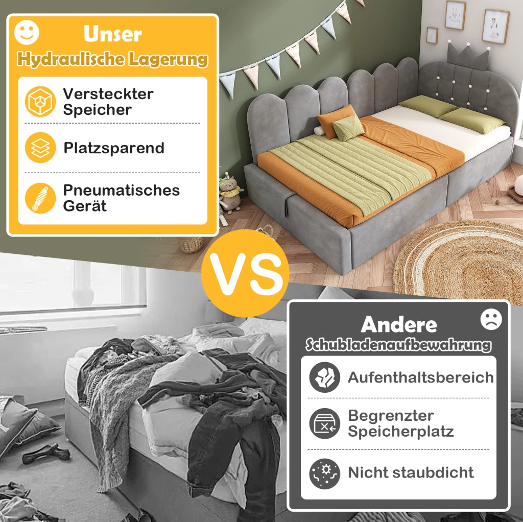 Letto singolo 90x190 cm con contenitore idraulico; velluto grigio e lati reversibili