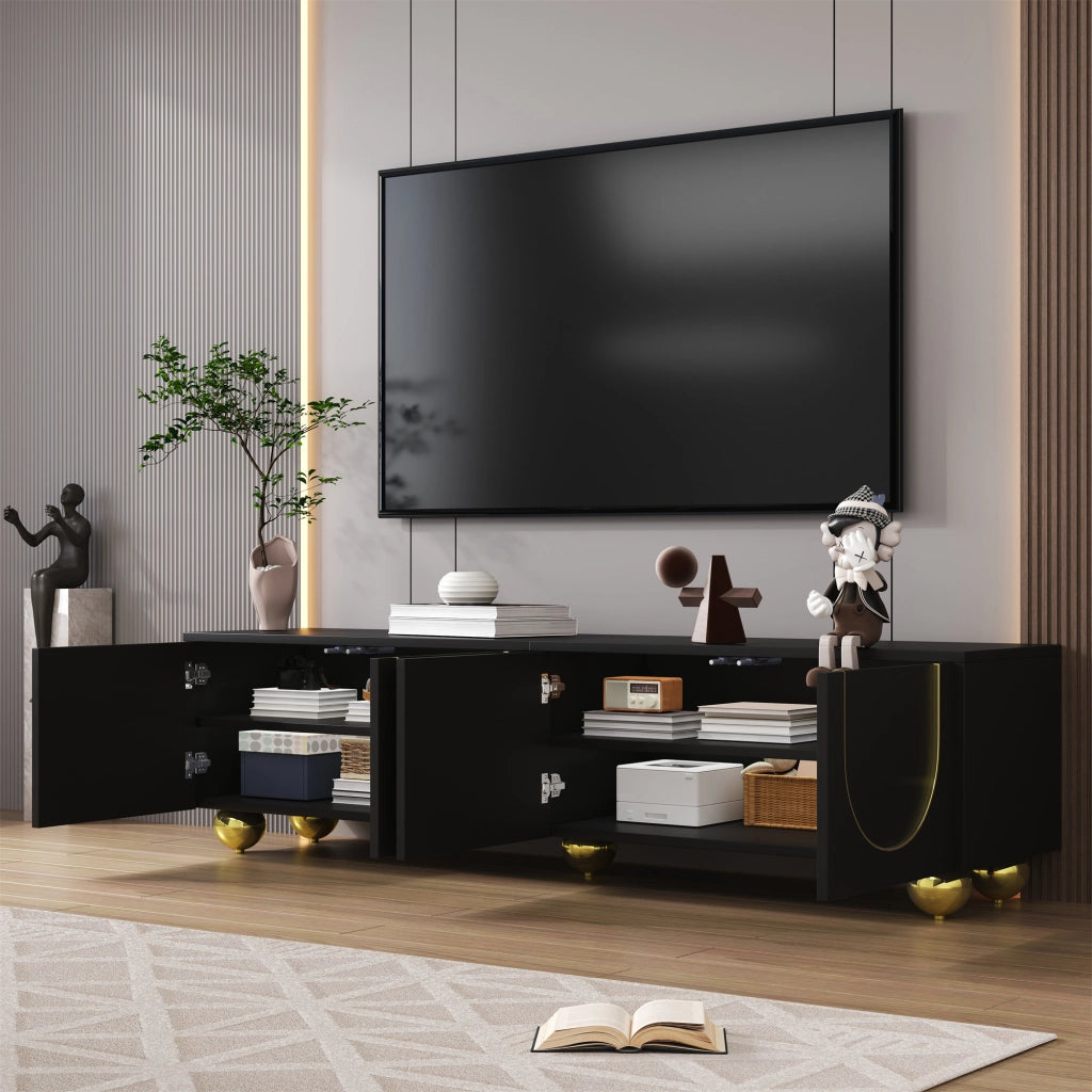 Mobile TV con 4 Ante e Ripiani; Apertura Push-to-Open; Piedini Rotondi Dorati; in Pannello Truciolare; 170??38??44 cm; Nero