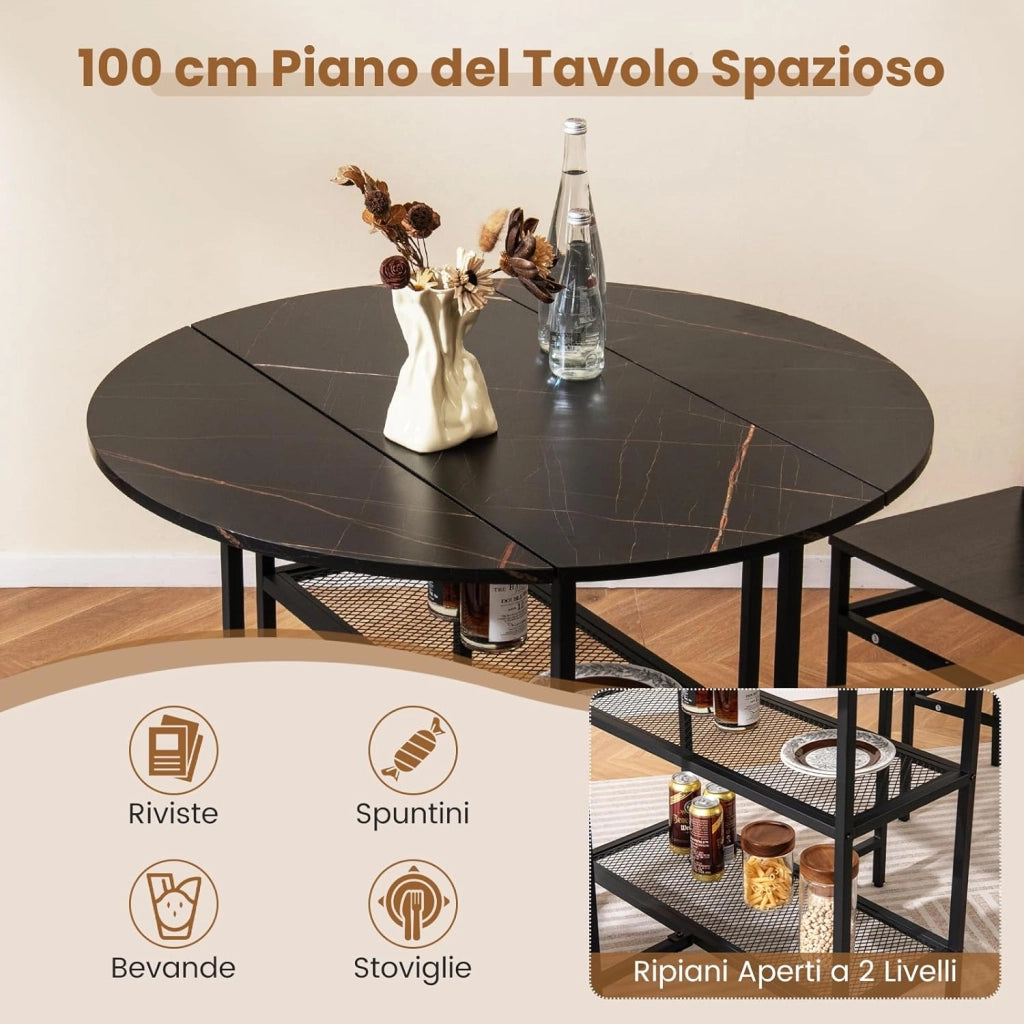 Tavolo Pieghevole Salvaspazio 100 x 100 x 80 cm, Tavolo da Pranzo Estensibile per 2-4 Persone con 2 Mensole di Stoccaggio e Ruote Bloccabili per Soggiorno, Appartamento e Ufficio (Nero)