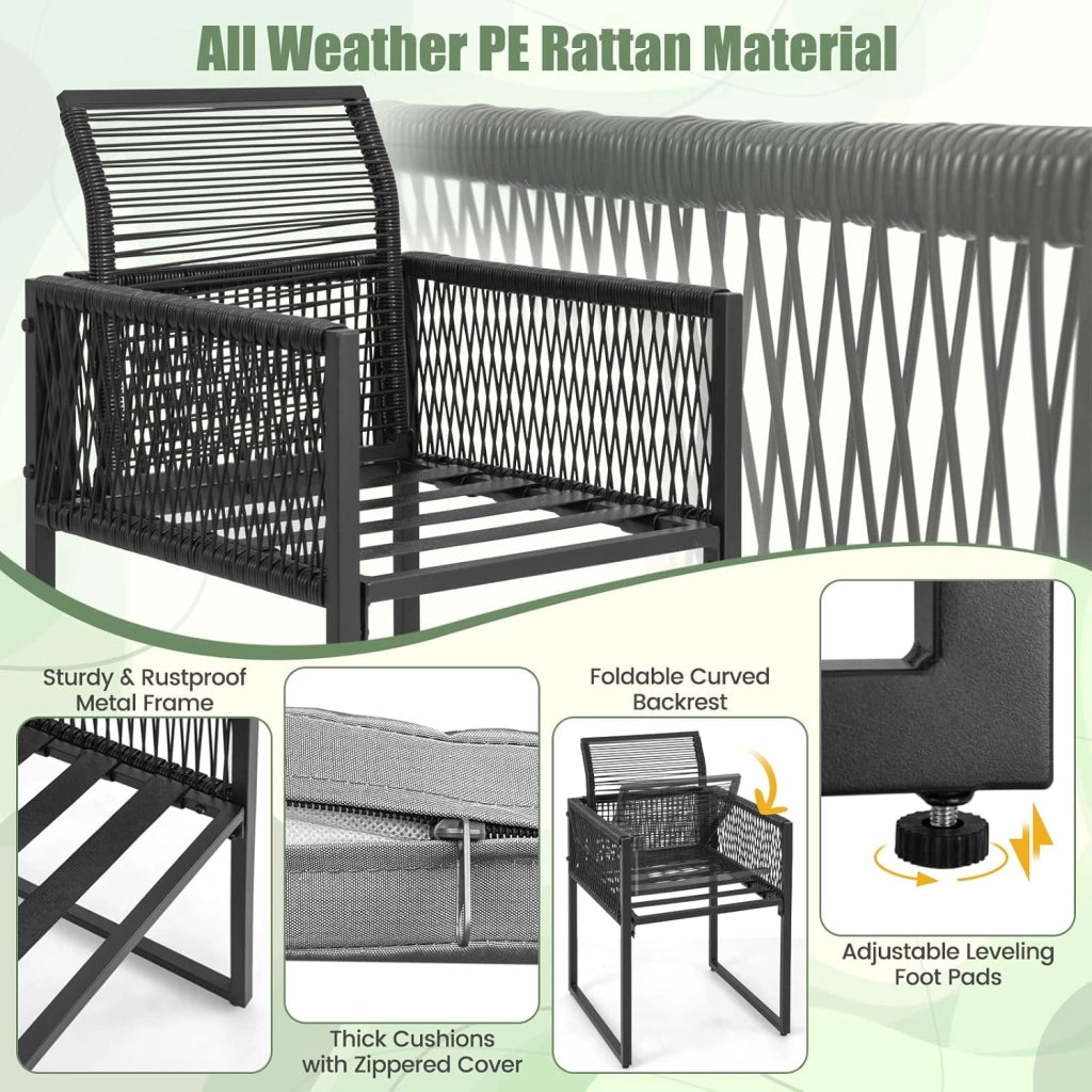 Set Mobili da Esterno a 3 Pezzi, 2 Sedie in Rattan Intrecciato con Schienale Pieghevole e Cuscini, Set Tavolo Rettangolare da Pranzo per Patio, Giardino e Balcone