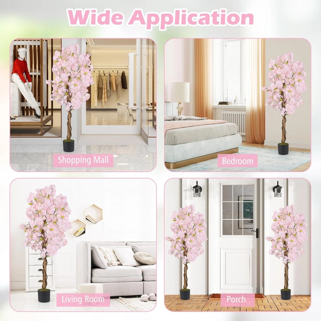 Set di 2 Piante Artificiali di Sakura, Pianta Artificiale 150 cm in Vaso, Falso Albero di Ciliegio con Fiori Rosa, Albero Artificiale Decorativo per la Casa