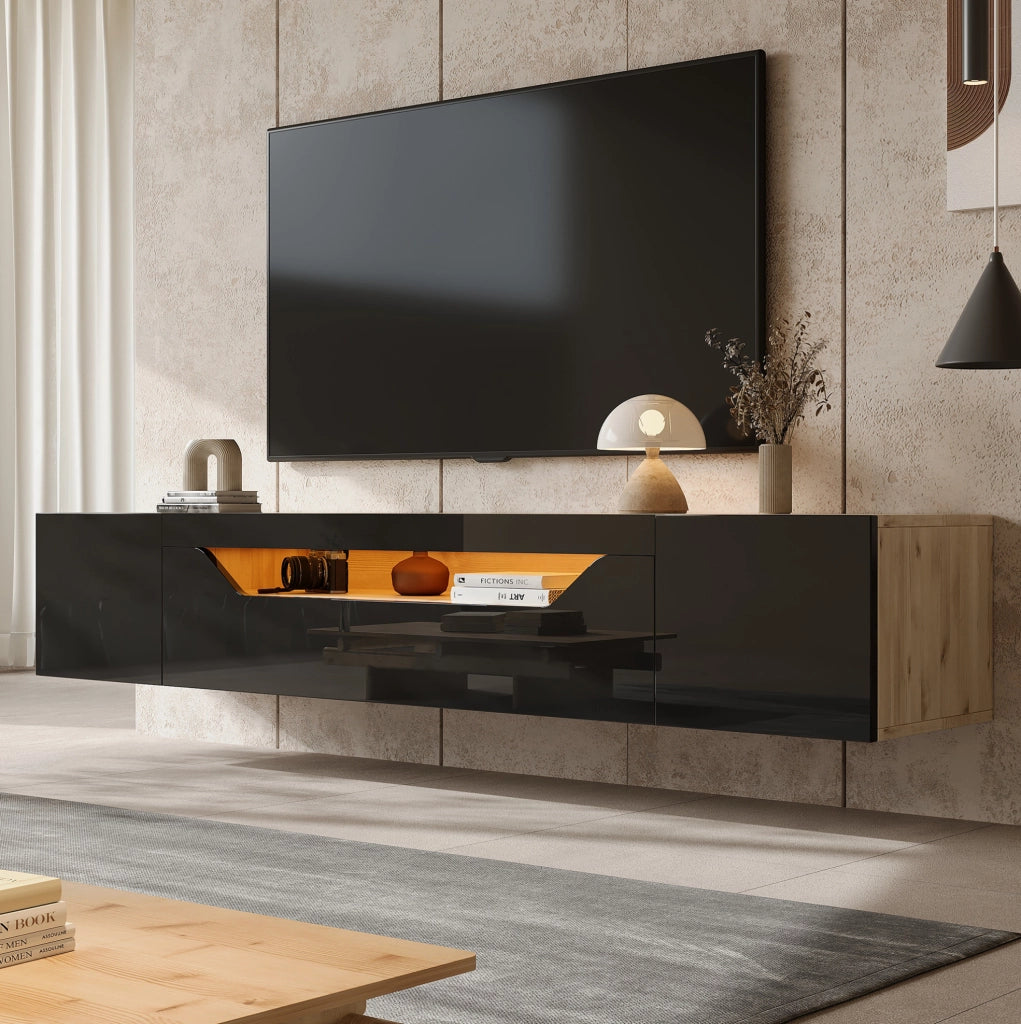 Mobile TV sospeso 180 cm con LED, 3 vani e frontale lucido nero/legno
