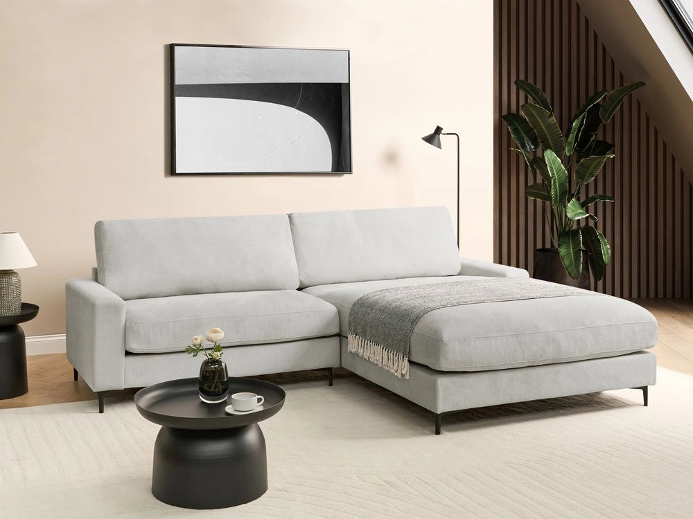 Divano angolare a sinistra in tessuto di ciniglia grigio chiaro Poliestere Metallo Gambe nere 190 x 272 x 83 cm Schienale imbottito e rifinito 3 posti a L Soggiorno in stile moderno