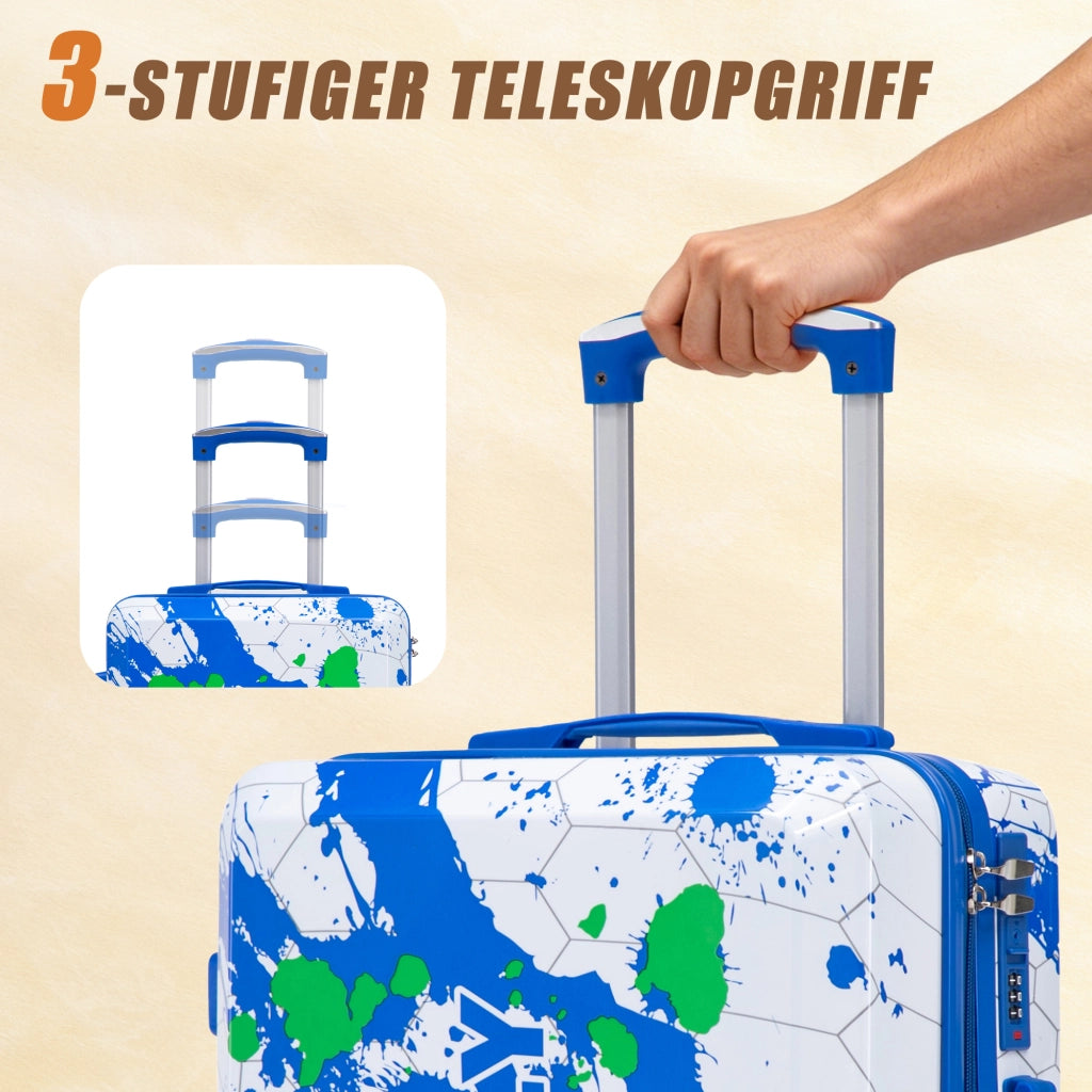Set di 3 valigie rigide in pc con stampa a spruzzi, lucchetto a combinazione e ruote girevoli blu