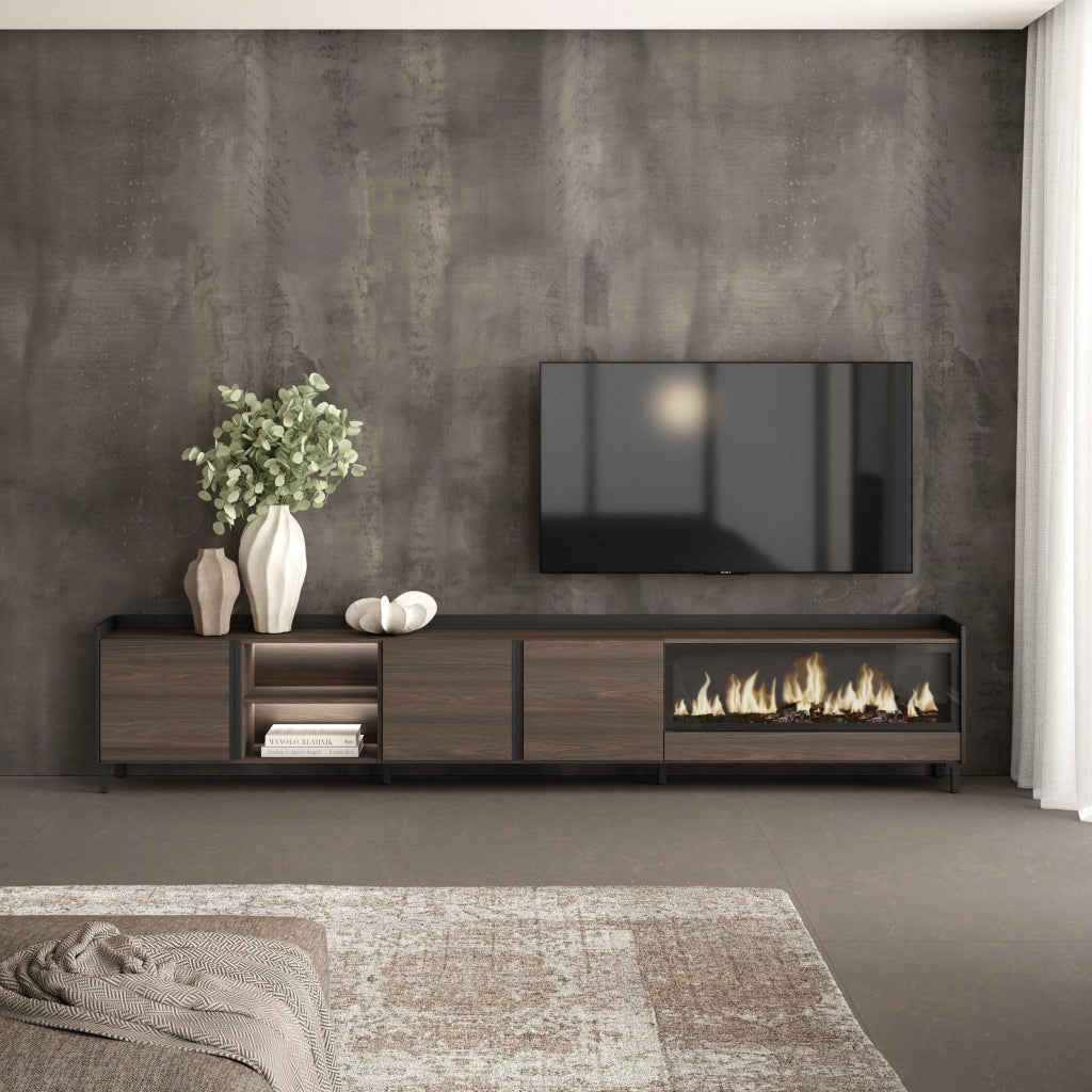 Mobile TV Soggiorno, 315x61x35 cm, Per TV fino a 80", Camino elettrico XXL, Design industriale, LED, Rovere scuro e Nero