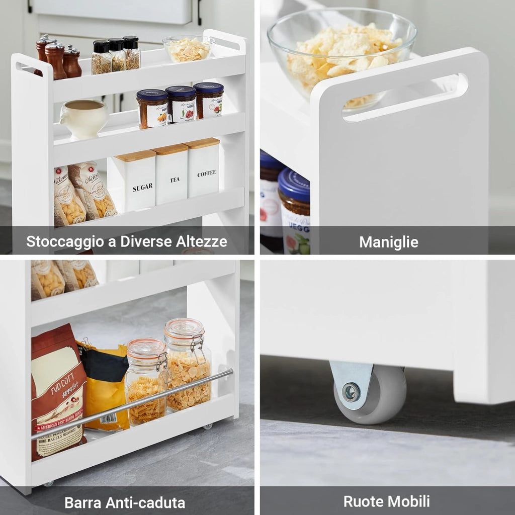 Carrello Slim per Cucina e Bagno con 4 Ruote Scaffale Salvaspazio a 4 Ripiani con Aste Antiscivolo Unità di Stoccaggio per Cucina, Bagno, Forniture per Bellezza o Artigianato 60x18x82cm NSR01-W
