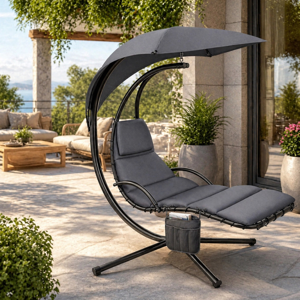 Sdraio Pensile Con Tettuccio Parasole Integrato E Cuscino Ergonomico Amaca Da Giardino In Acciaio E Poliestere 195 x 132 x 197 Cm Grigio