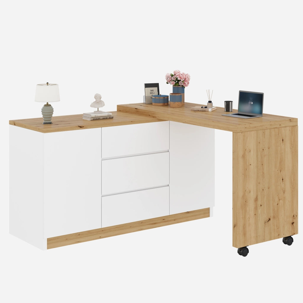 Scrivania 120x50x76.5 cm girevole e pieghevole con contenitore in pannello truciolare bianco e rovere