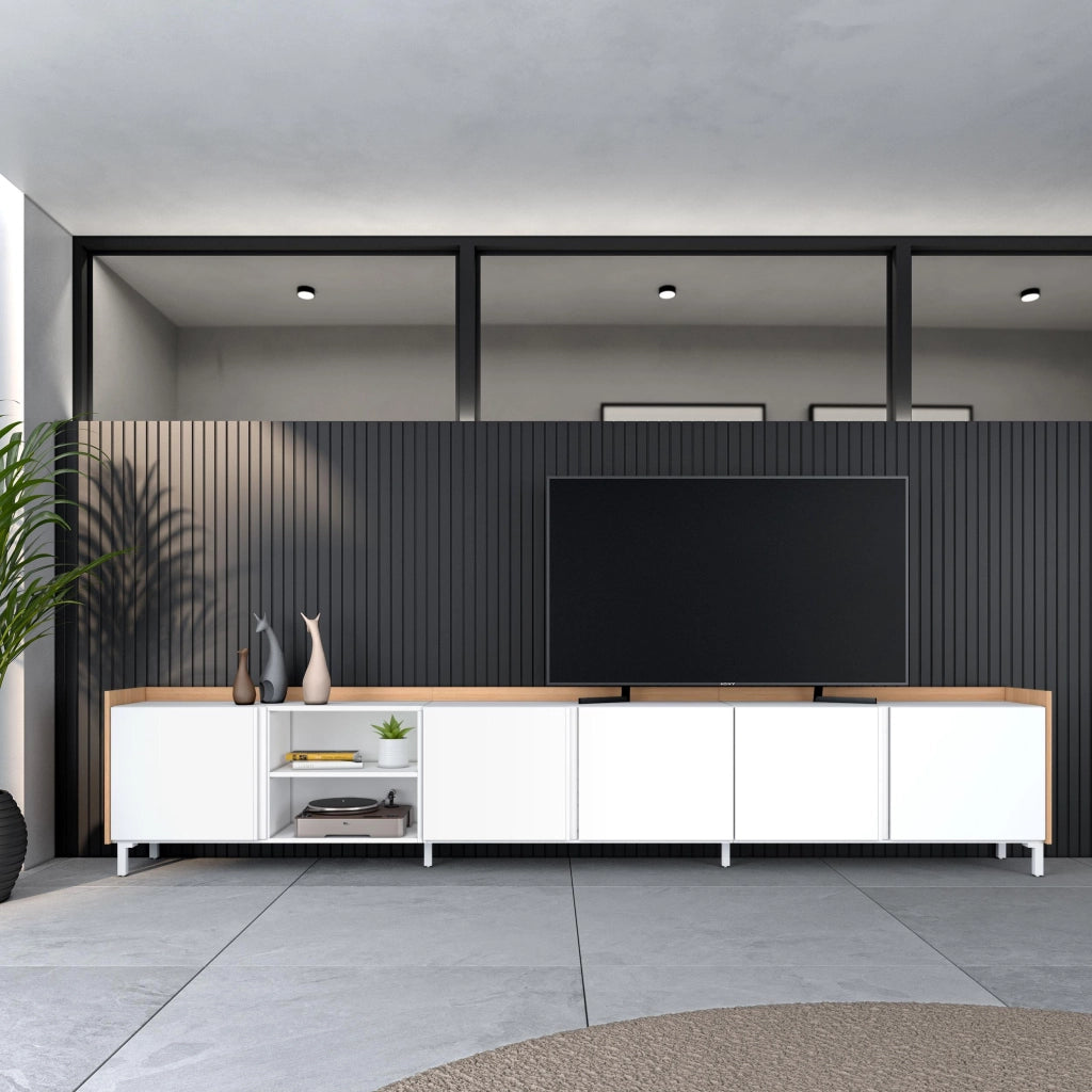 Mobile TV Soggiorno, 309x61x35 cm, Per TV fino a 80", Design industriale, Bianco e Rovere soft