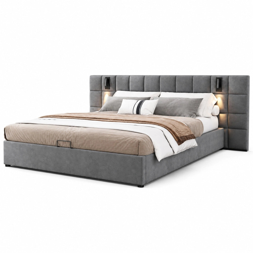 Letti contenitori 180x200 cm; contenitore con luce da lettura USB; acciaio grigio (Senza materasso)