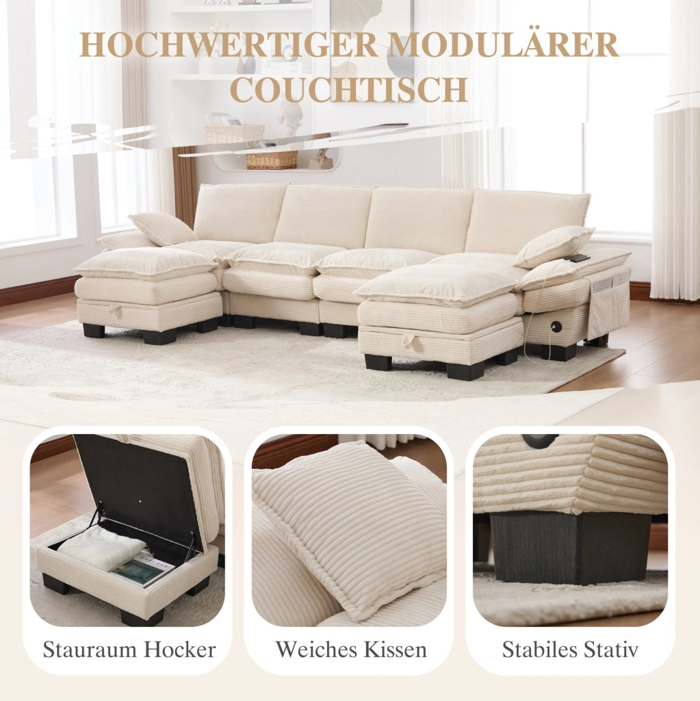 Divano modulare 4 posti con 2 pouf; USB-C e tasche laterali; 330x132x84 cm; velluto a coste beige