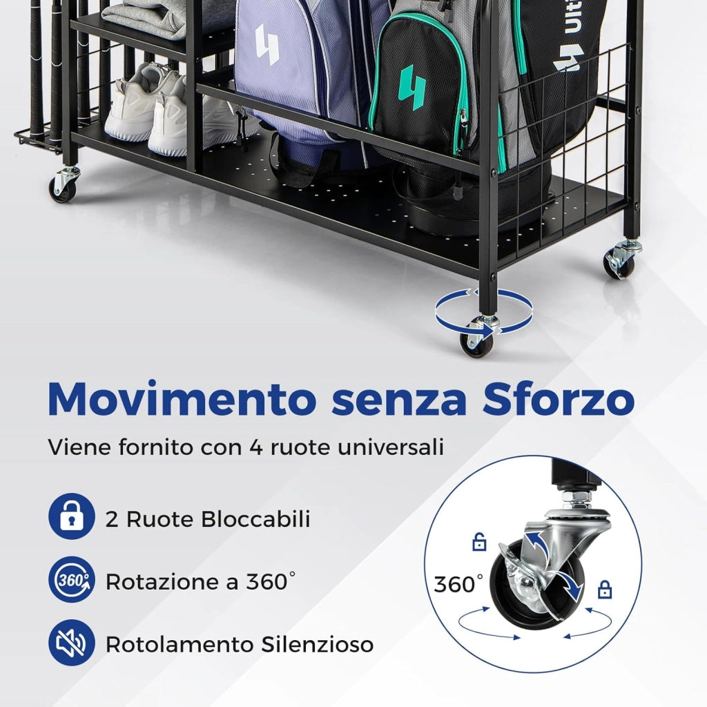 Organizer per Sacca da Golf, Supporto per 2 Borse da Golf con Extra Scaffale di Stoccaggio per Mazze da Golf, 6 Ganci Rimovibili e 4 Ruote per Garage e Club