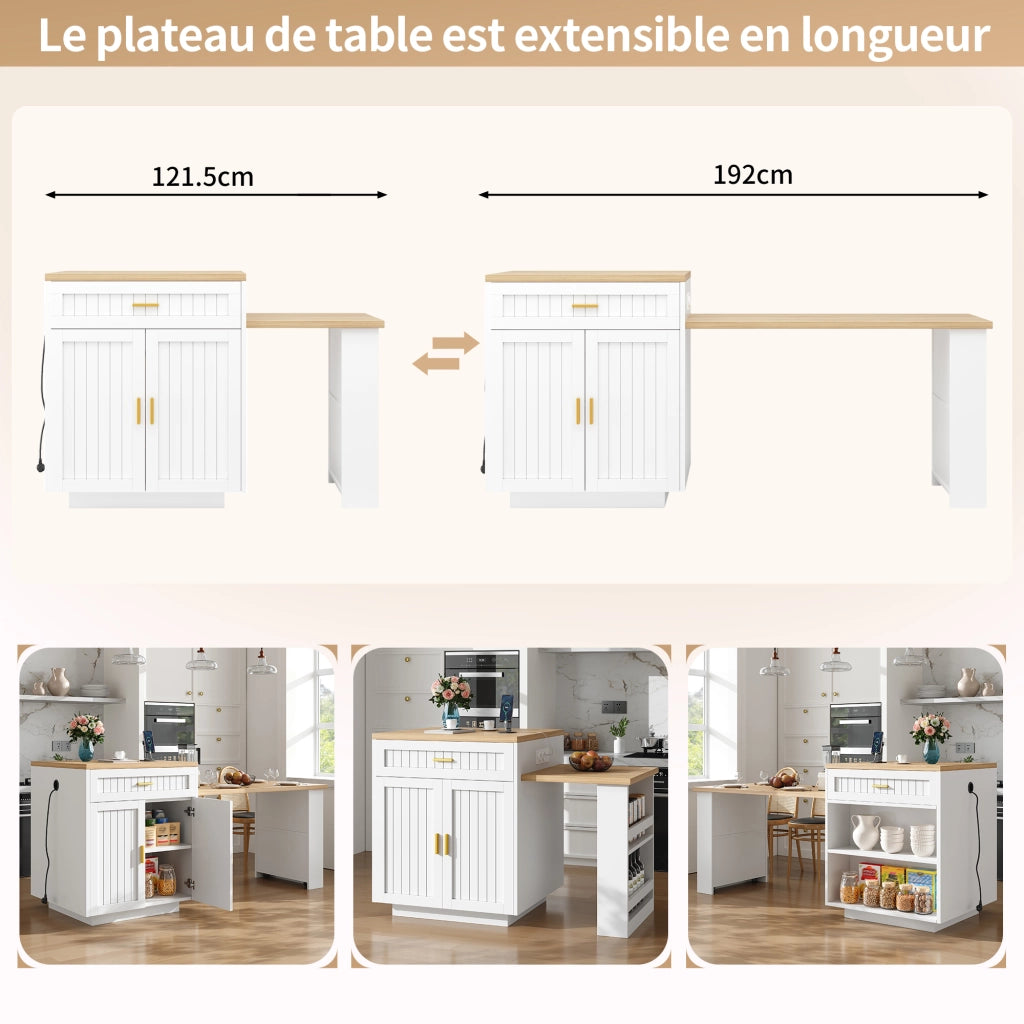Carrello da cucina estensibile con presa integrata; 1 cassetto; ante e ripiani regolabili; per cucina; 121;5 × 70 × 92 cm