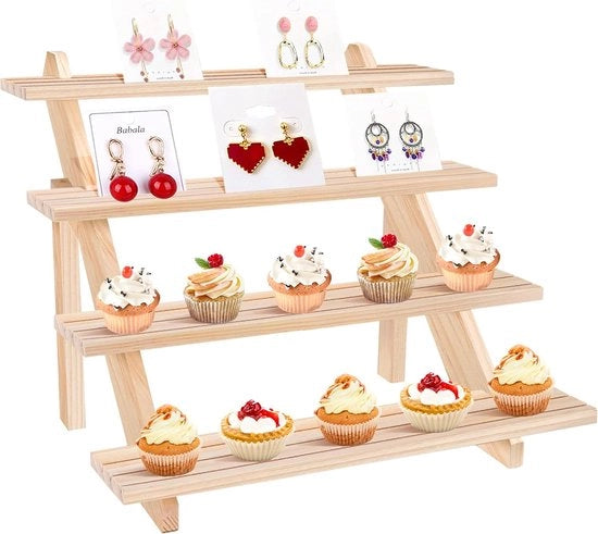 Scaffale a gradoni in legno, Ripiano di esposizione per collezionisti, Stand per cupcake, Organizzatore per gioielli e oggetti da collezione (4 livelli in burrato)