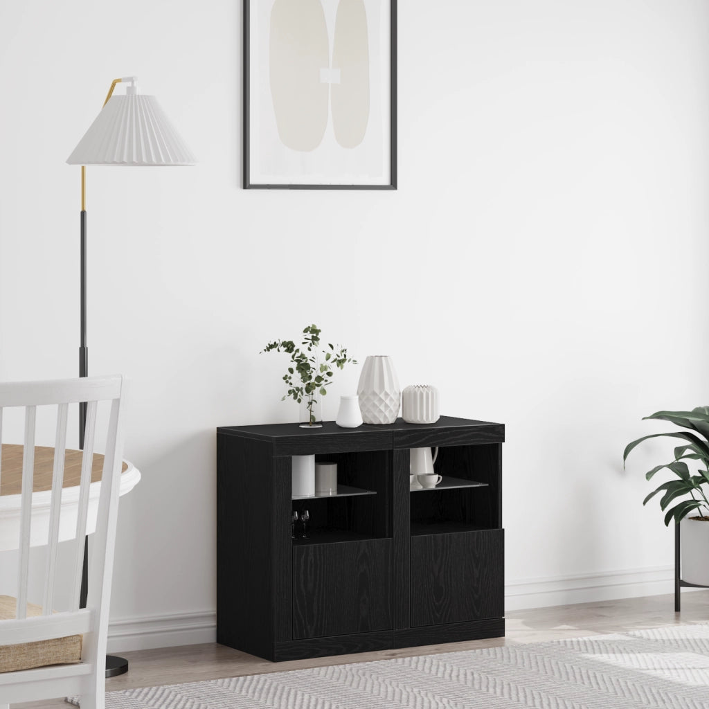 Side Cabinets con luci LED 2 pezzi rovere nero 41x37x67 cm