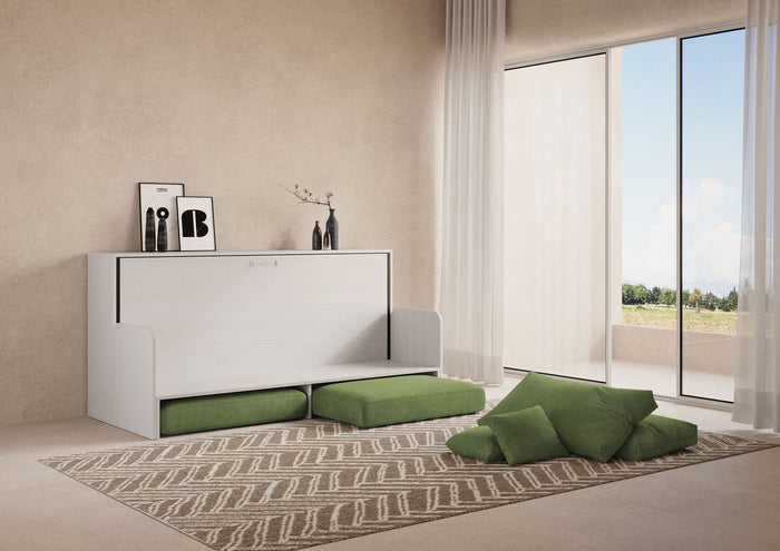 Letto Singolo A Scomparsa Kando Con Divano Bianco Frassino e Verde