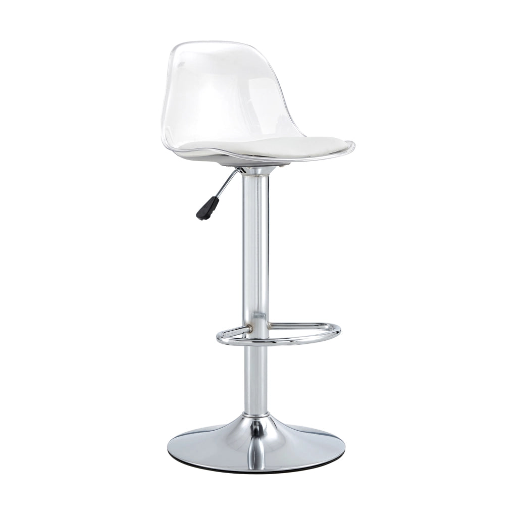 Set di 2 Sgabelli da Bar; Altezza Regolabile; Seduta Girevole; Schienale Trasparente; Poggiapiedi; Metallo e Plastica; Bianco e Argento