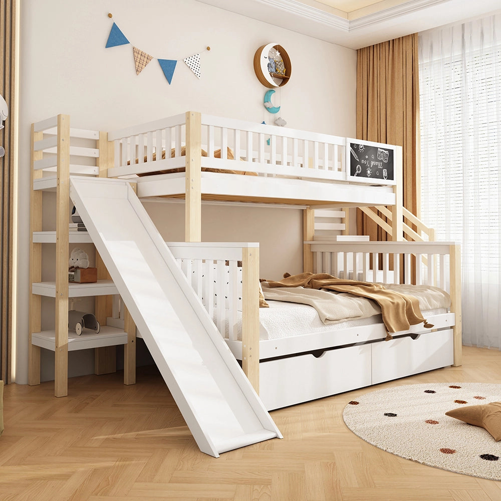 Letto a castello per bambini - Xylo - 140x200 cm e 90x200 cm - Bianco - Multifunzionale con lavagna
