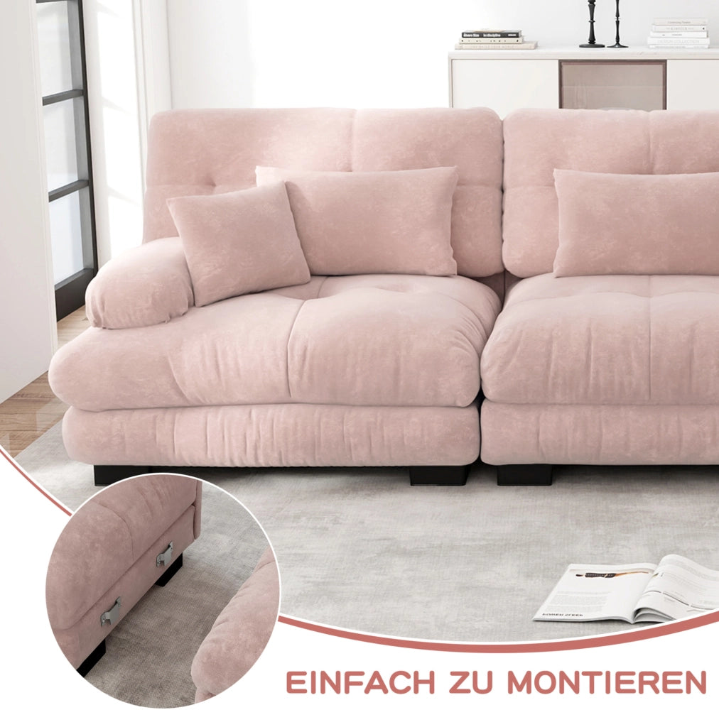 Divano modulare con ottomana 220x145x81 cm in ciniglia rosa con cuscini lombari e decorativi