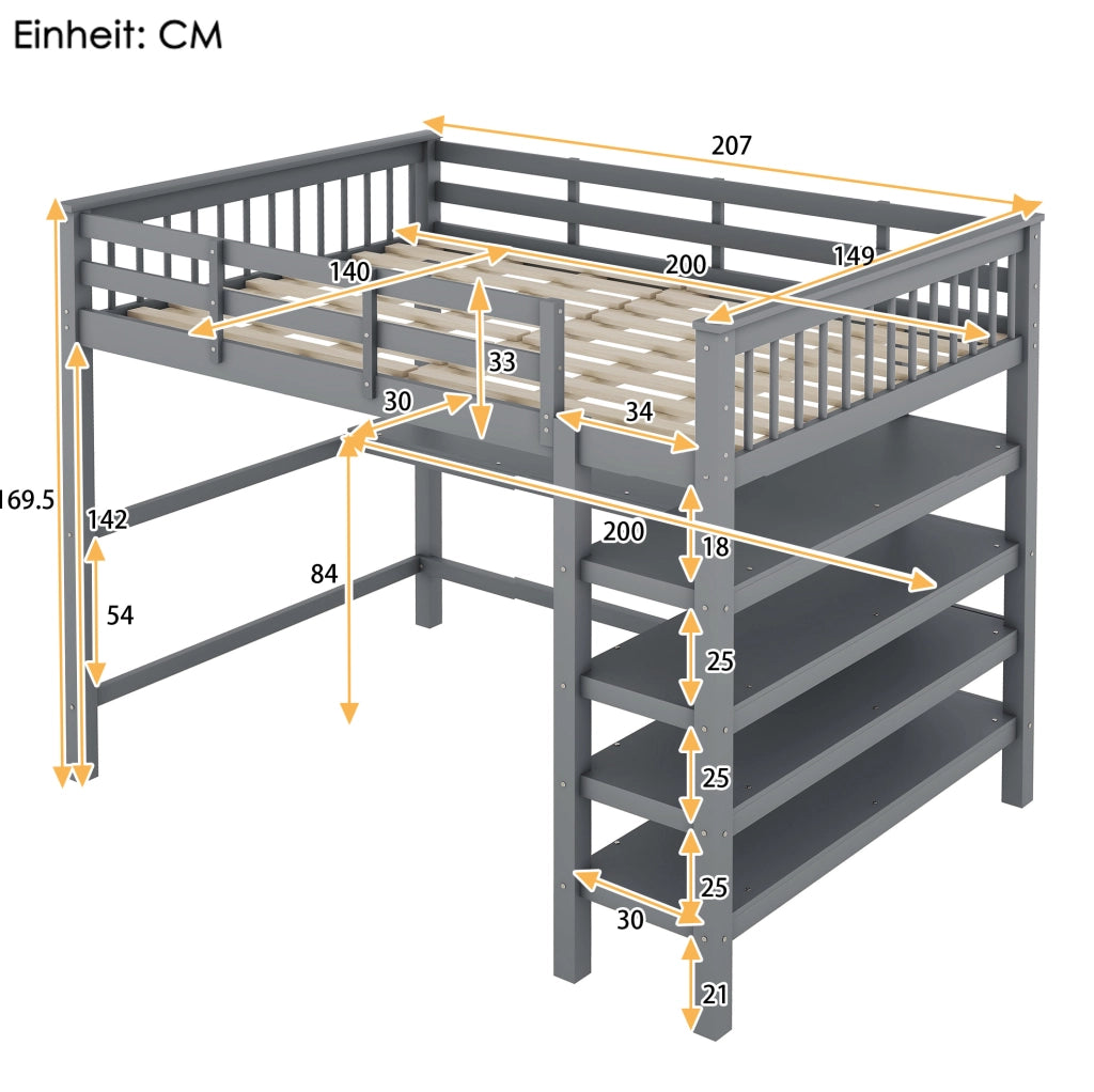 Letto a soppalco 140x200 cm con scrivania e scaffali, grigio