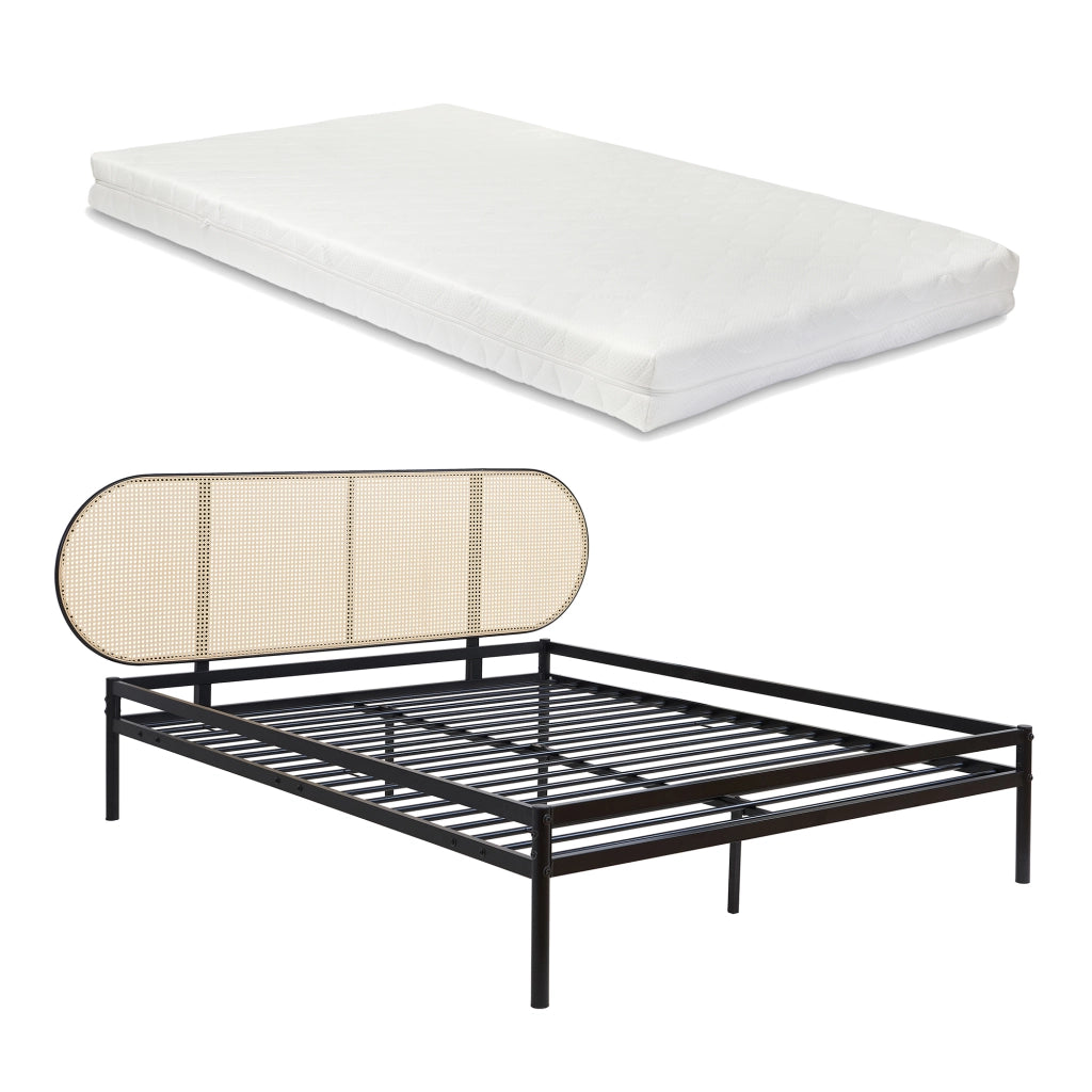 Letto Matrimoniale Linköping con Materasso 160x200 cm e Testiera Ovale Effetto Rattan [en.casa]