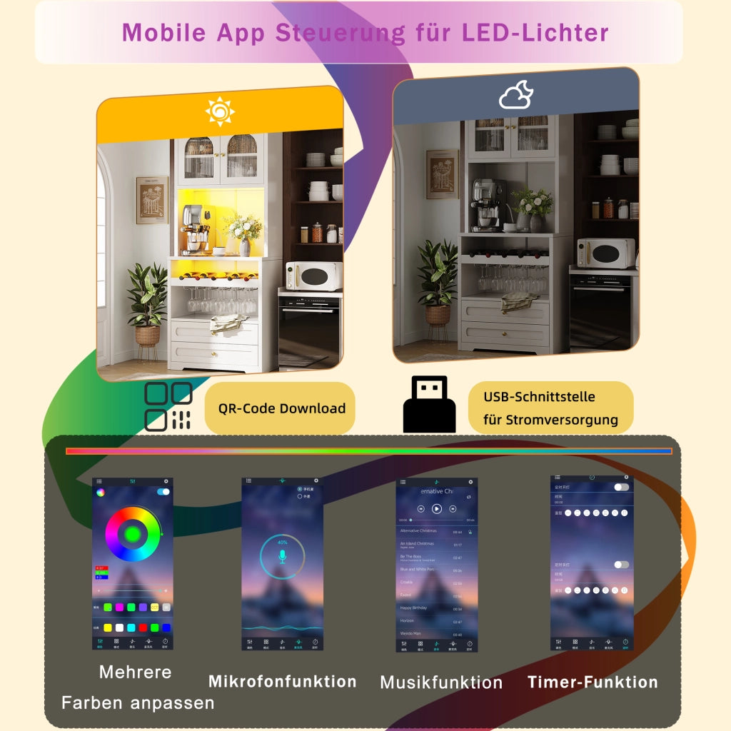 Dispensa alta con ante in vetro, LED, ripiani regolabili, portabottiglie, USB, per cucina e soggiorno, bianco