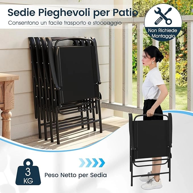 Set da Pranzo da Giardino a 6 Pezzi con Ombrellone, Tavolo e Sedie da Esterno con 4 Poltrone Pieghevoli e Tavolo Rotondo in Vetro Temperato per Giardino, Terrazza, Prato e Cortile
