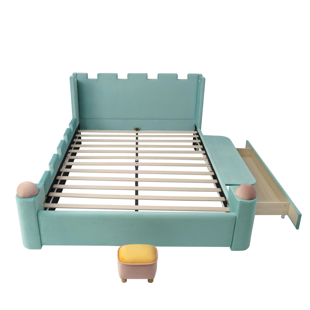 Letto per Bambini 140x200 cm; Matrimoniale con Ripiano pieghevole e Cassetto; Blu Verde