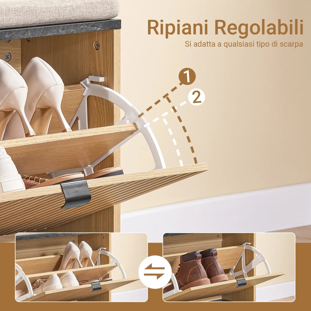 SoBuy Scarpiera Ingresso Panca Contenitore Scarpiera Salvaspazio Slim con Seduta Imbottita Mobile Ingresso Legno per Camera da Letto e Corridoio Nero Effetto Marmo e Legno 60x24x50cm FSR201-N