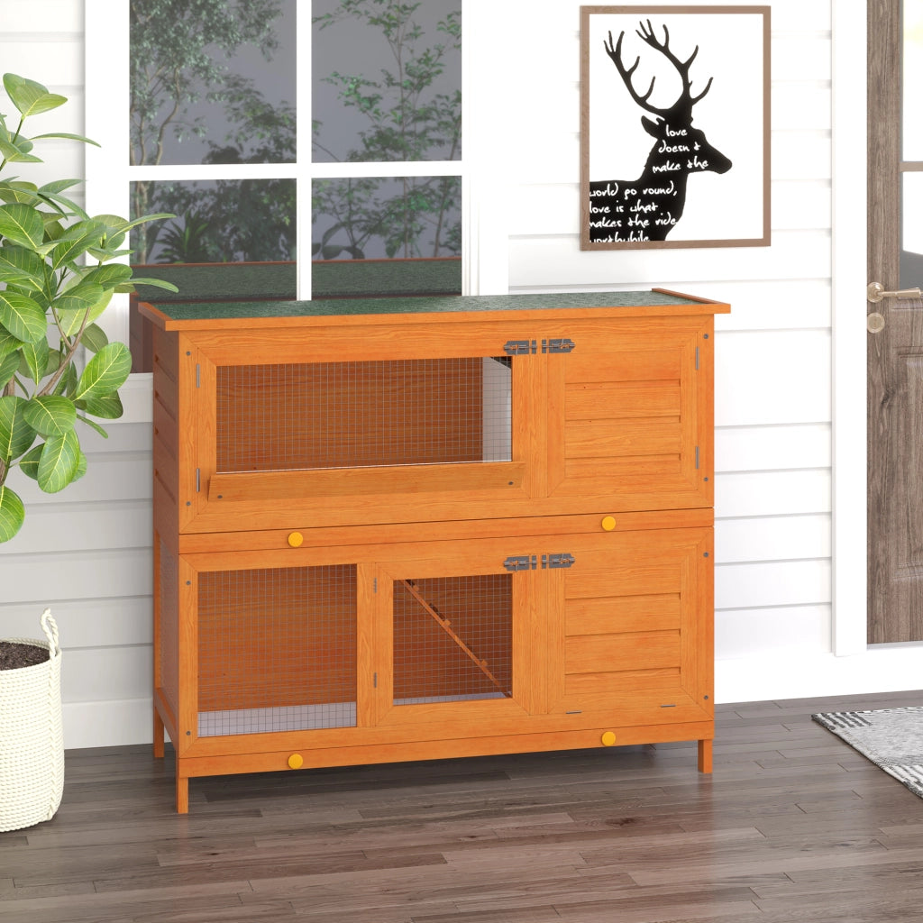 Casetta per conigli da esterno 2 piani ¨C Xylo ¨C legno naturale con tetto, rampa e vassoi estraibili 120x48x100 cm