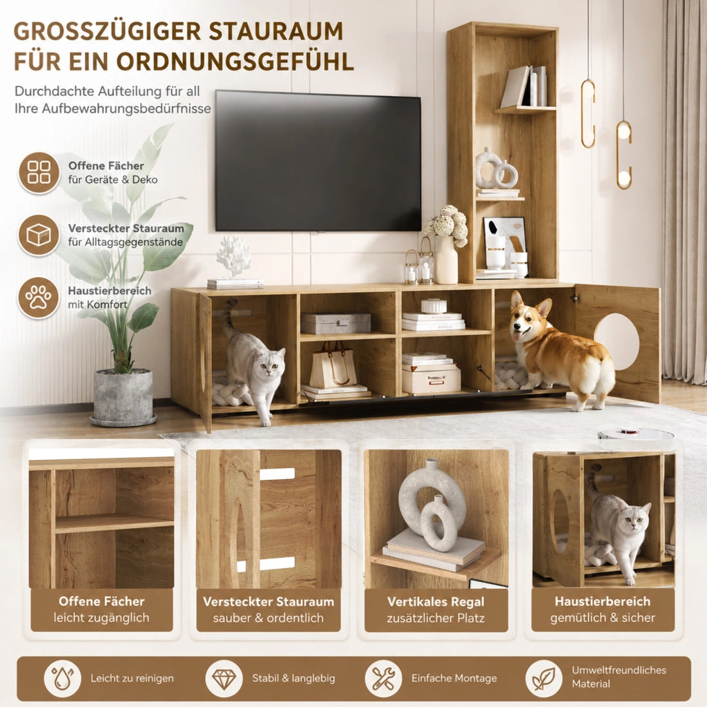 MOBILE TV con Libreria e Area per Gatti 185x40x162 cm Nero e Naturale