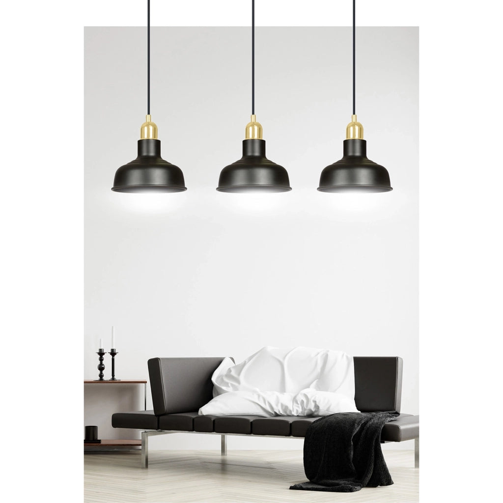 Lampadario Industrial 3 Luci Dhanapati Acciaio Nero Con Elementi In Oro
