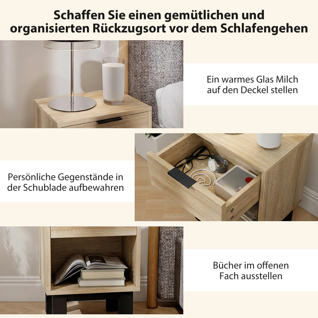 Comodino con cassetto e ripiano aperto ¨C zephmum ¨C Eiche 35x26x50 cm