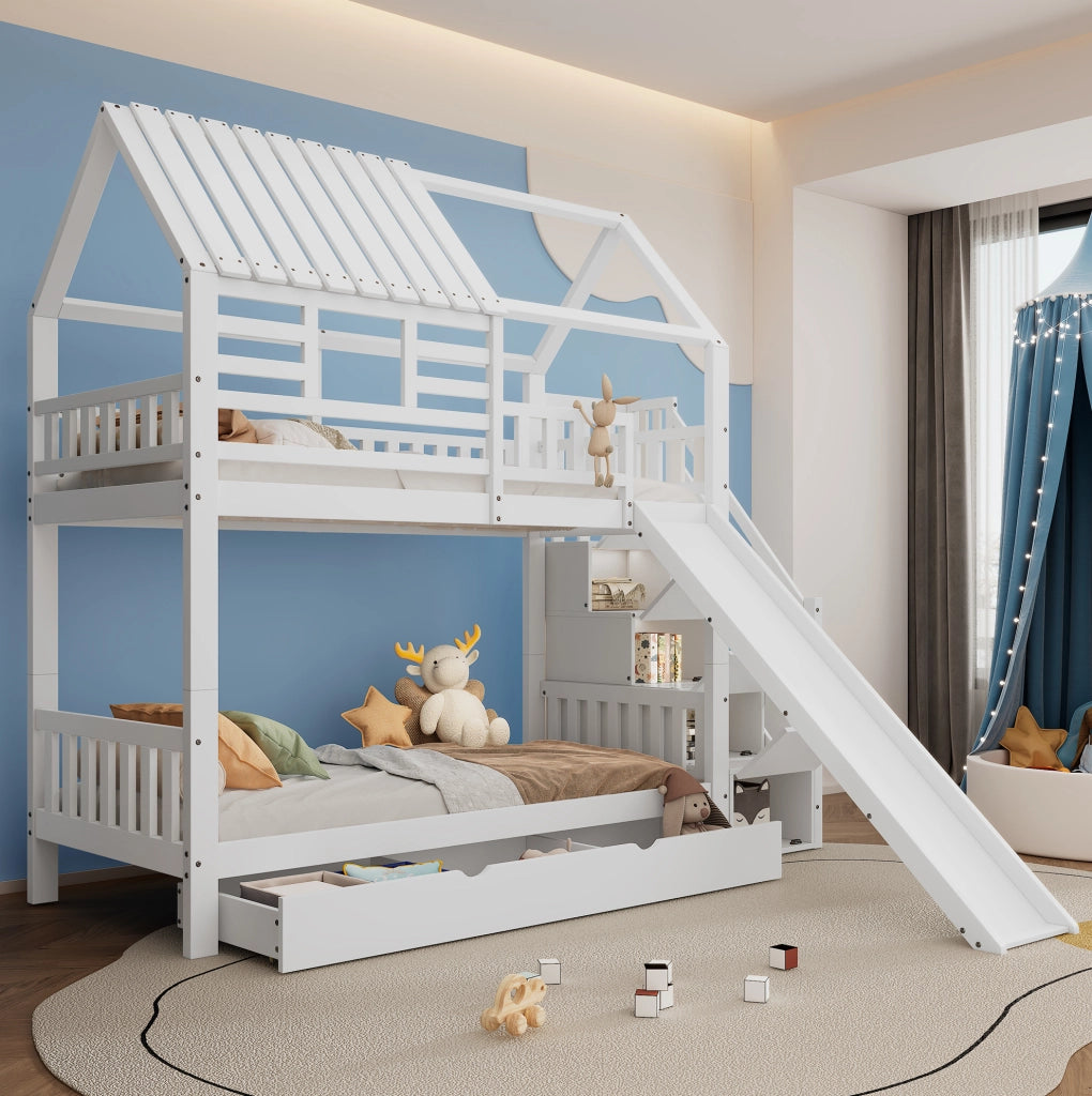 Letto a castello a forma di casetta con scivolo, scala con contenitore e cassetti