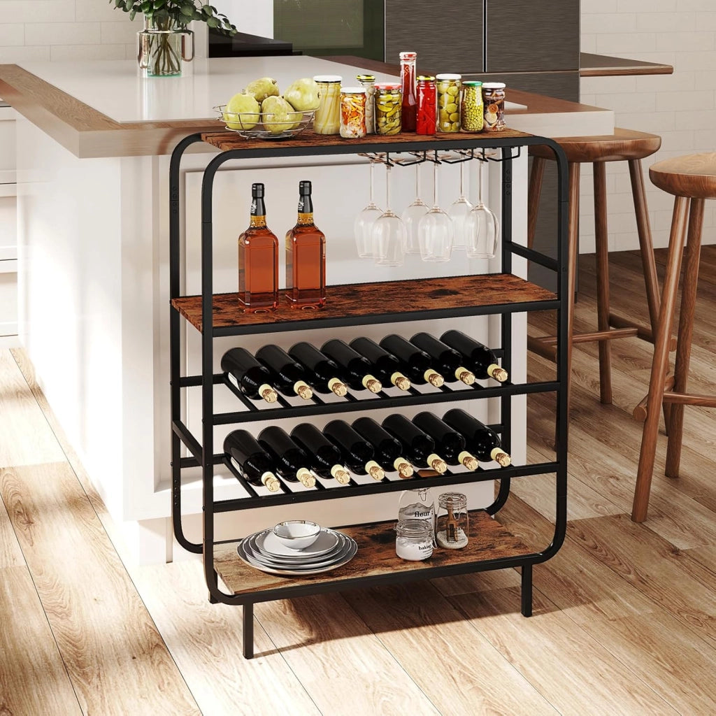 Portabottiglie da Terra 5 Livelli, Scaffale Porta Vino con Piano Legno e Portacalici, Capacità 16 Bottiglie, Struttura Metallo Stile Industriale, per Cantina, Cucina e Sala da Pranzo