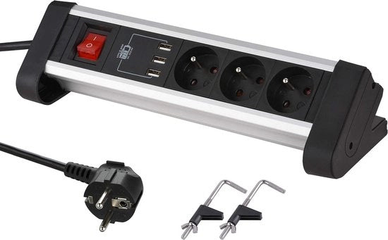 Scatola di ingresso per scrivania - 3 prese + 3 USB - 34 A - lunghezza 15 m - nero