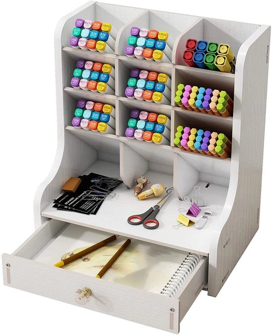 Organizzatore in Legno per Scrivania Multifunzionale Accessori per Ufficio Porta Matite Cassetto per Ufficio per Casa e Scuola Mobile per Archiviazione con Scomparto (Bianco)