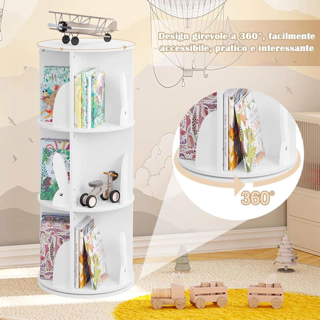 Libreria per Bambini Rotante, Libreria Girevole a 3 Livelli, Porta Libri per Soggiorno, Studio, Scaffale in Legno Autoportante