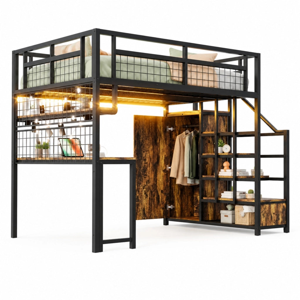 Letto a soppalco in metallo 140x200 cm con scrivania nero