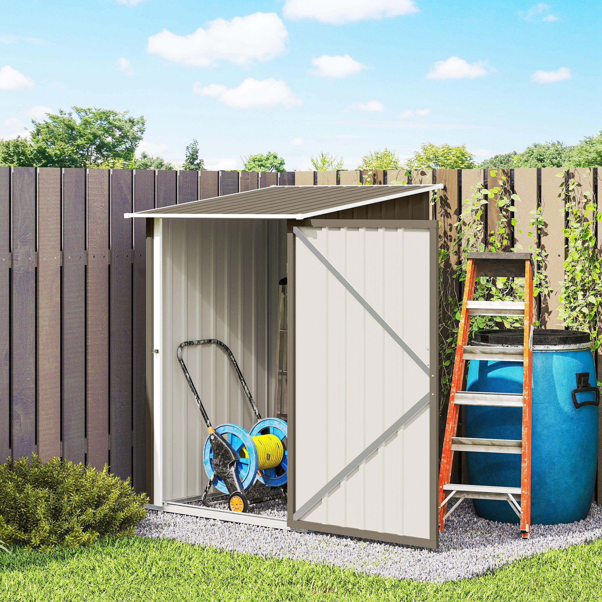 Casetta da Giardino Porta Attrezzi 100x104x160 cm con Porta in Acciaio Galvanizzato Marrone e Bianco