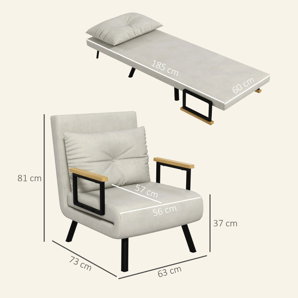 Poltrona Letto 3 in 1 con Schienale Reclinabile e Cuscino, in Tessuto Effetto Velluto, 63x73x81 cm, Crema