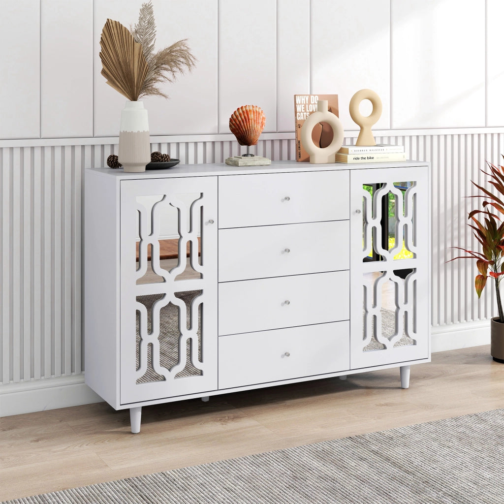 Credenza con 2 Ante; 4 Cassetti e Maniglie in Cristallo; Finitura a Specchio; in MDF; Bianco; 147;5??40??102 cm