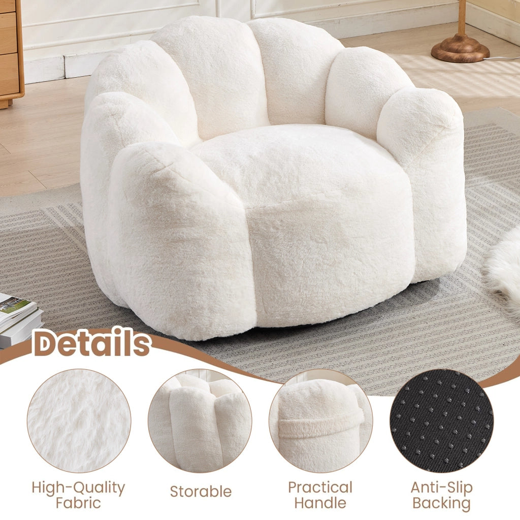 Fauteuil pouf a fiore in velluto peluche con imbottitura in schiuma, leggero e senza montaggio, bianco 47 × 45 × 34 cm