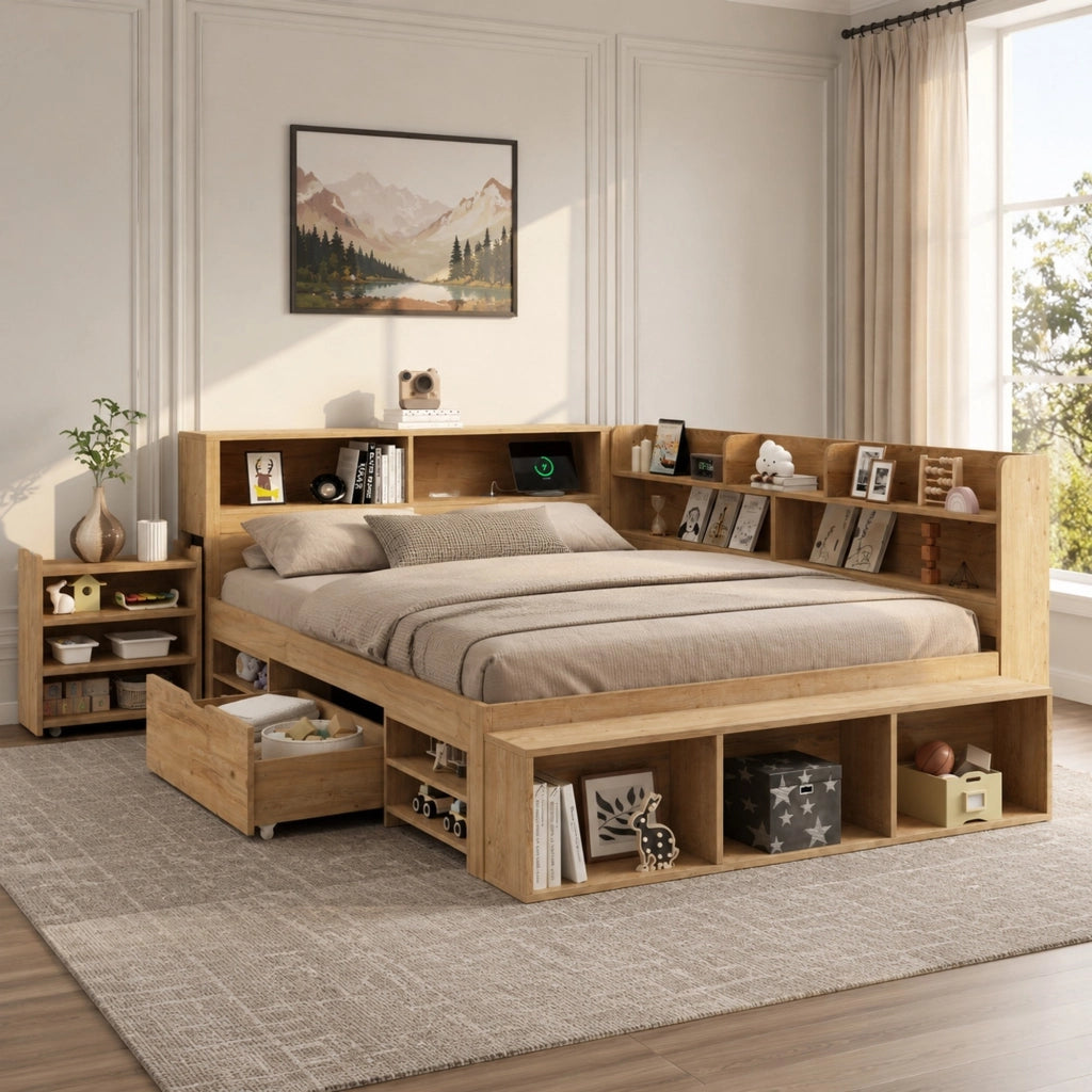Letto singolo 140x200 cm con contenitore, cassetti e scaffali, colore naturale