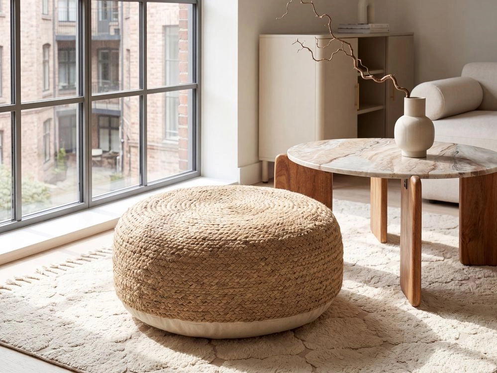Pouf rotondo in iuta beige con imbottitura in perline di EPS, 70 x 70 cm, stile boho