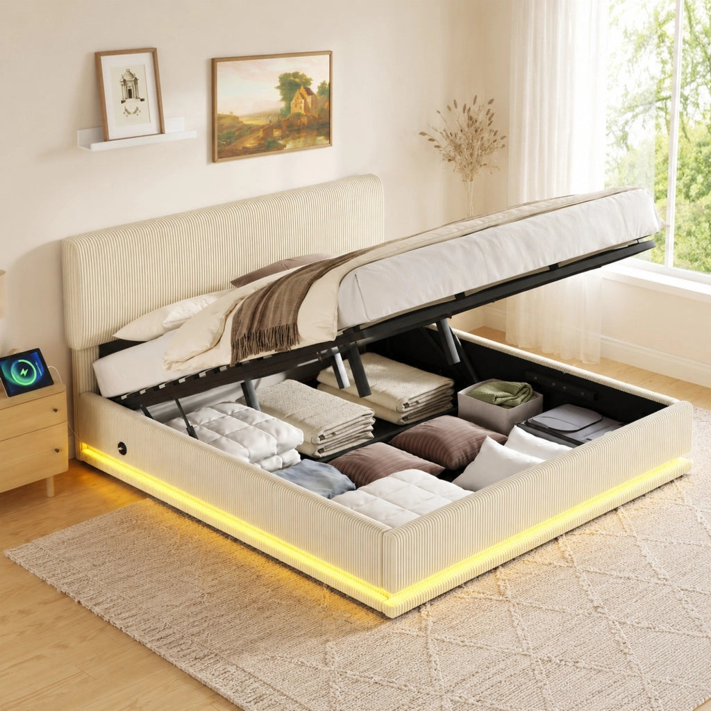 Letto contenitore 180 × 200 cm 2 posti con LED, USB-C, testiera regolabile, senza materasso, beige