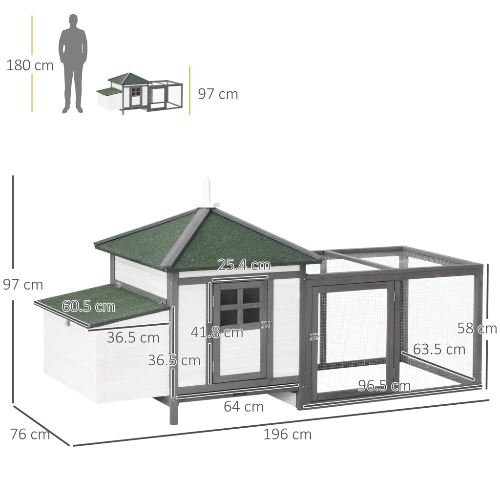 Casetta da giardino per galline nane in legno con recinto posatoio e nido accessibile grigio 196 × 76 × 97 cm