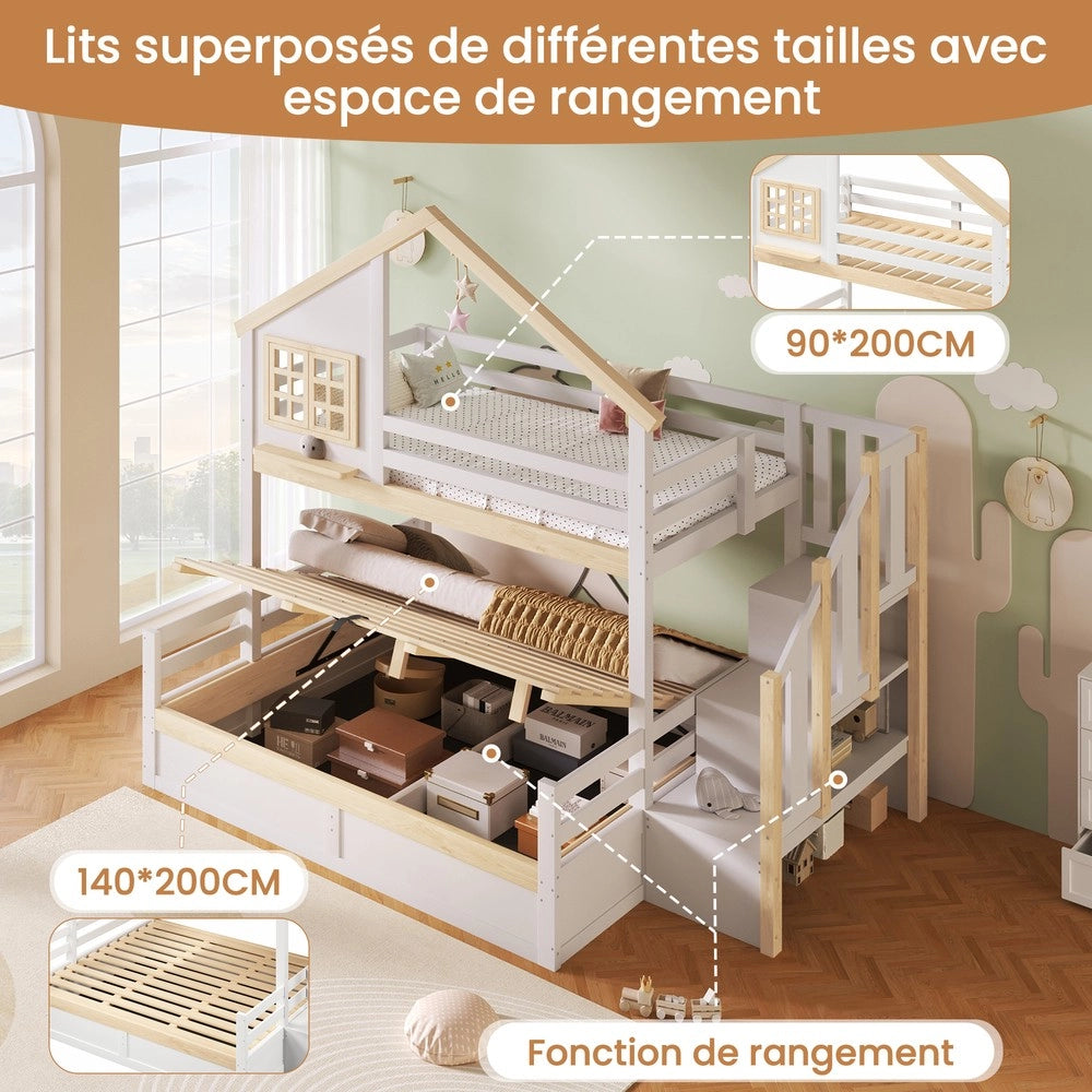 Letto a Castello 90x200 e 140x200 con Contenitore Idraulico e Rete ¨C MINIMAL ¨C Bianco e Naturale